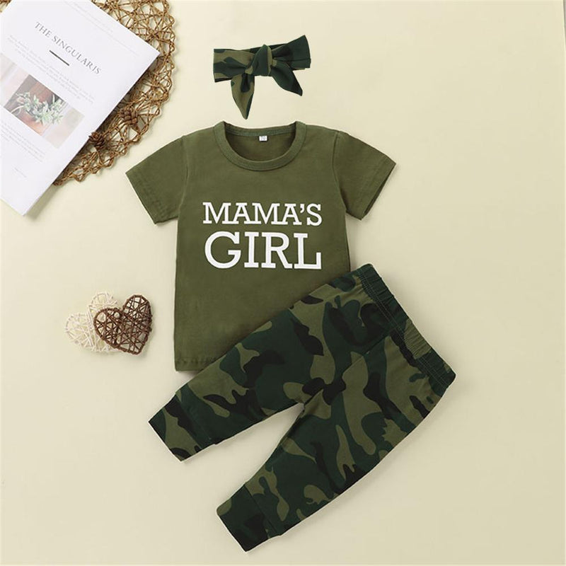 Baby Girls Short Sleeve Daddy's Mama's Girl Printed Top & Camo Pants & Headband Girl Wholesale - PrettyKid