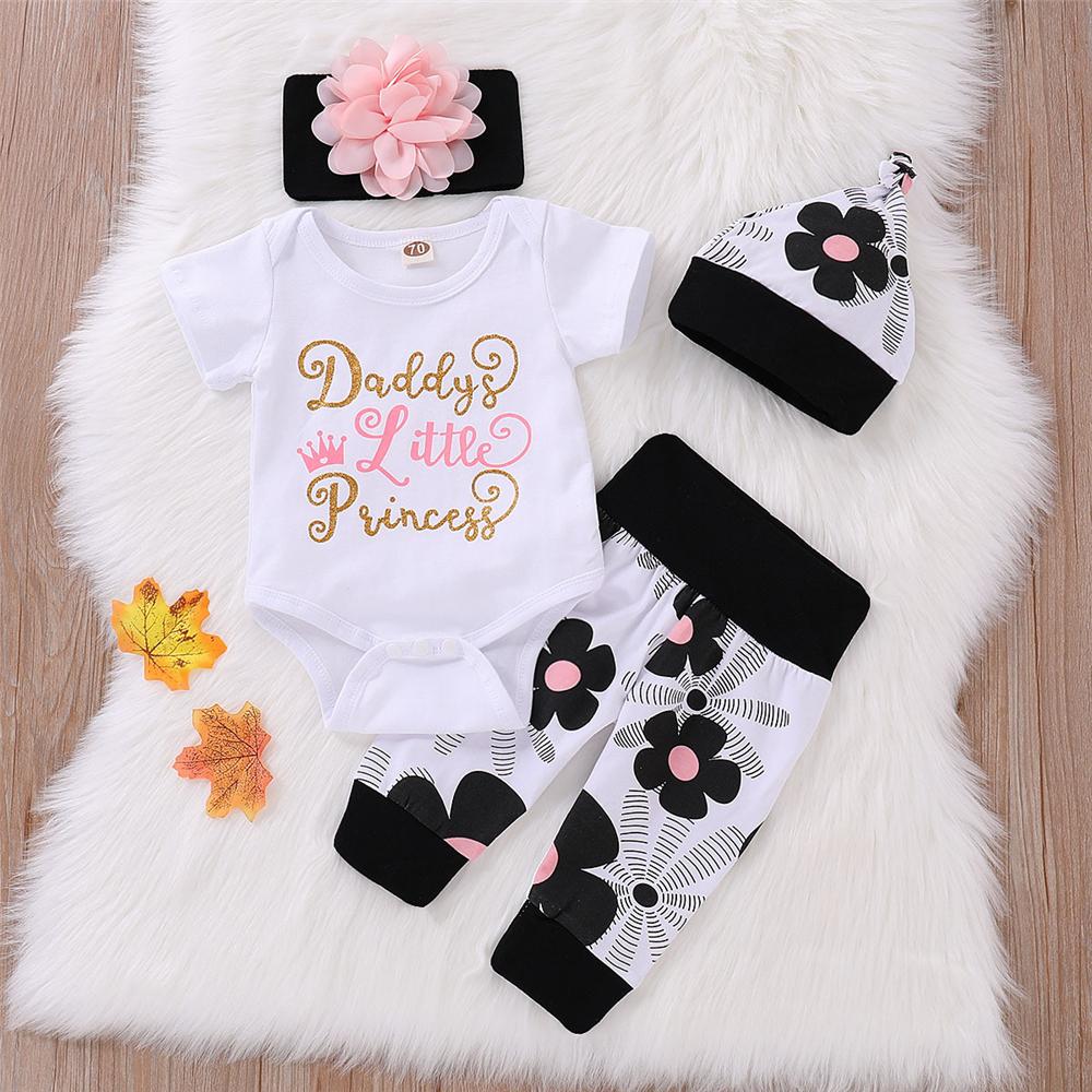 Baby Girls Short Sleeve Daddys Little Princess Romper & Floral Pants & Hat & Headband Baby Wholesale - PrettyKid