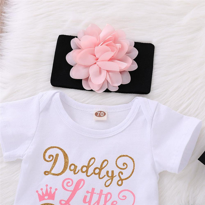 Baby Girls Short Sleeve Daddys Little Princess Romper & Floral Pants & Hat & Headband Baby Wholesale - PrettyKid
