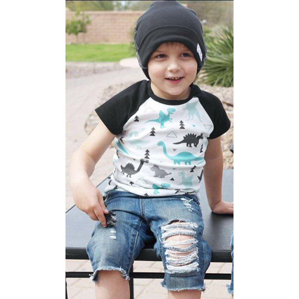 Boys Short Sleeve Dinosaur Printed Top & Ripped Jeans Wholesale Baby Boy Boutique - PrettyKid