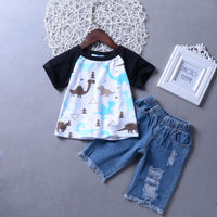 Boys Short Sleeve Dinosaur Printed Top & Ripped Jeans Wholesale Baby Boy Boutique - PrettyKid