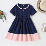 Girls Short Sleeve Doll Collar Button Pleated Dress Wholesale Baby Girl Boutique Clothing - PrettyKid