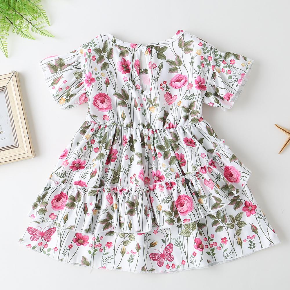 Girls Short Sleeve Floral Printed Layered Dress Baby Girl Boutique Clothing Wholesale - PrettyKid