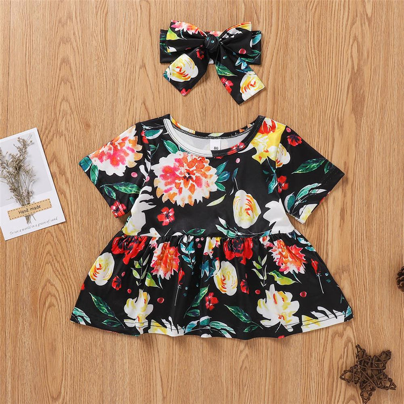 Girls Short Sleeve Floral Printed Top & Ripped Jeans & Headband Girls Clothing Wholesale - PrettyKid