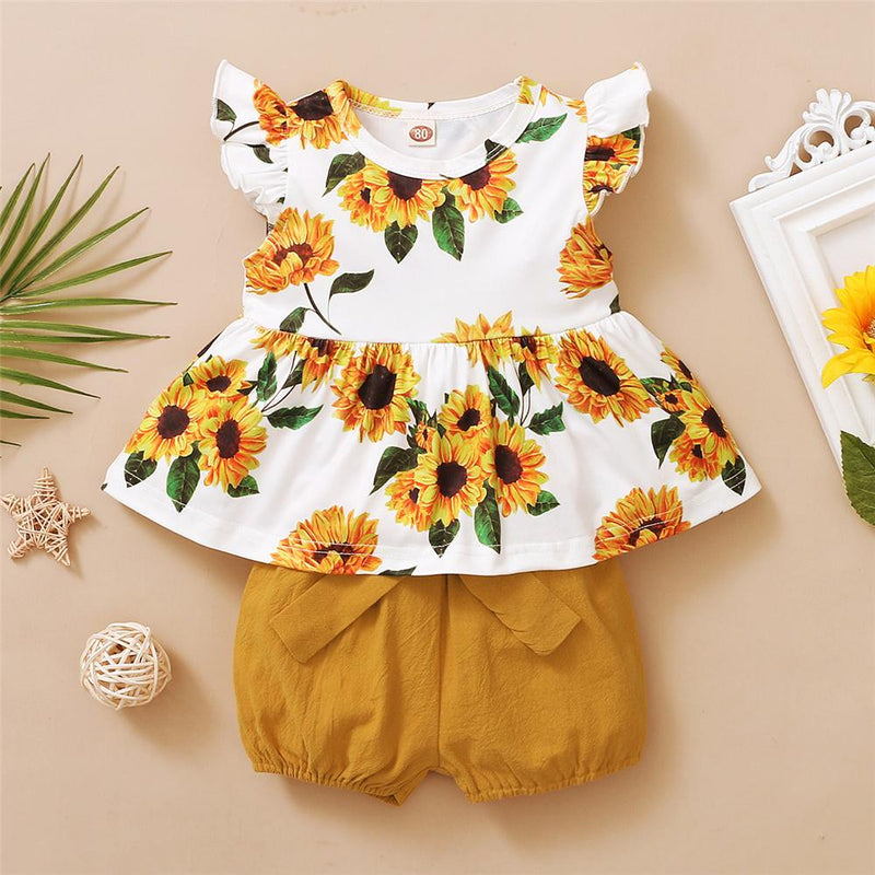 Girls Short Sleeve Flower Printed Top & Solid Shorts Girls Clothes Wholesale - PrettyKid