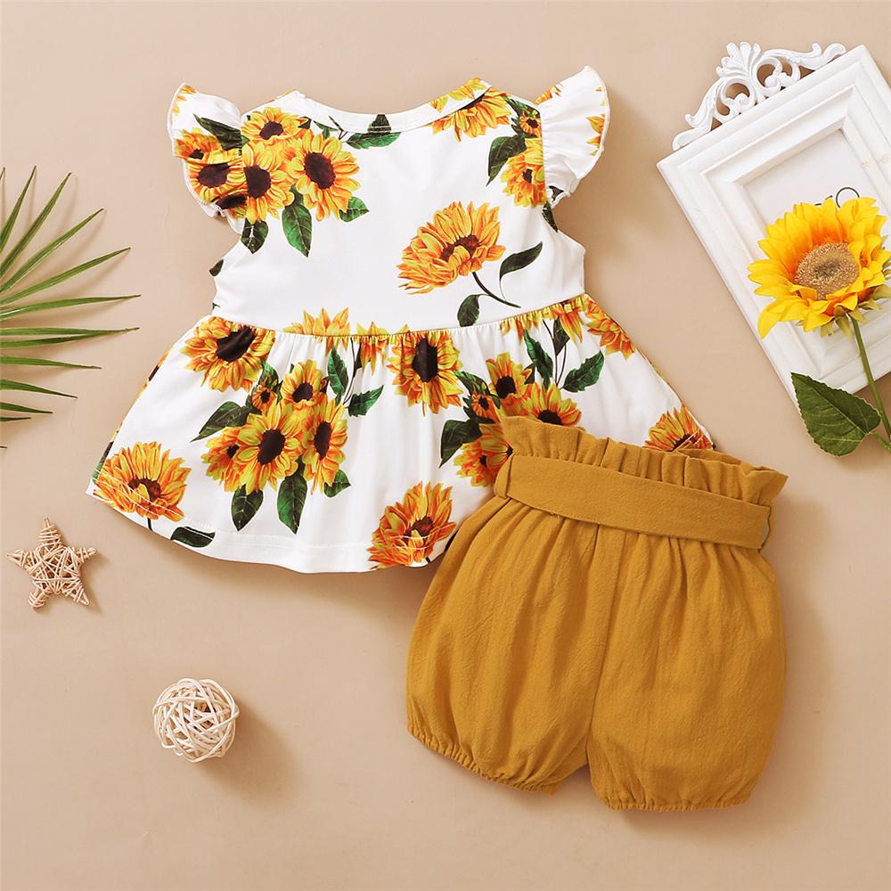 Girls Short Sleeve Flower Printed Top & Solid Shorts Girls Clothes Wholesale - PrettyKid