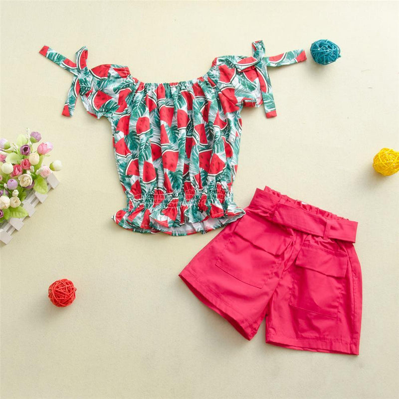 Girls Short Sleeve Fruit Printed Top & Solid Shorts Wholesale Girl clothes - PrettyKid