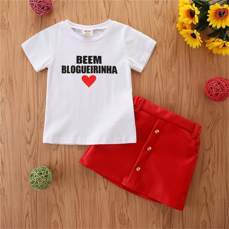 Toddler Girls Short Sleeve Heart Letter Printed T-shirt & Skirt wholesale baby vests - PrettyKid