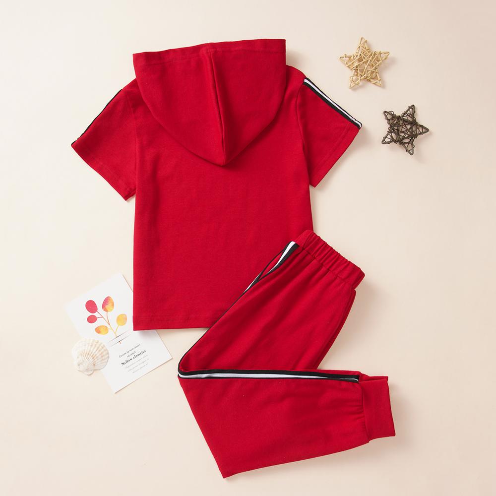 Unisex Short Sleeve Hooded Red Summer Tracksuit Kids Wholesale clothes - PrettyKid