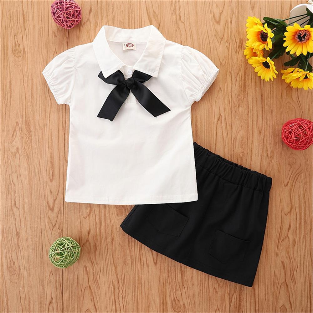 Toddler Girls Short Sleeve Lapel Bow Shirt & Skirts dropship childrens clothing - PrettyKid