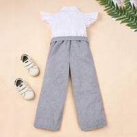Girls Short Sleeve Lapel Button Bow Decor Summer Jumpsuit Kids Wholesale Clothing - PrettyKid