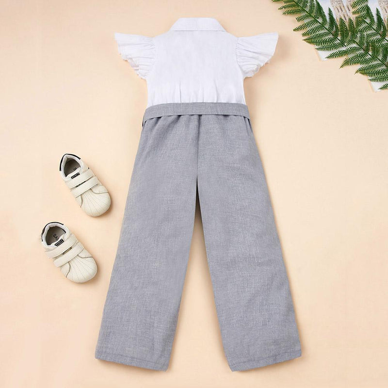 Girls Short Sleeve Lapel Button Bow Decor Summer Jumpsuit Kids Wholesale Clothing - PrettyKid