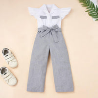 Girls Short Sleeve Lapel Button Bow Decor Summer Jumpsuit Kids Wholesale Clothing - PrettyKid