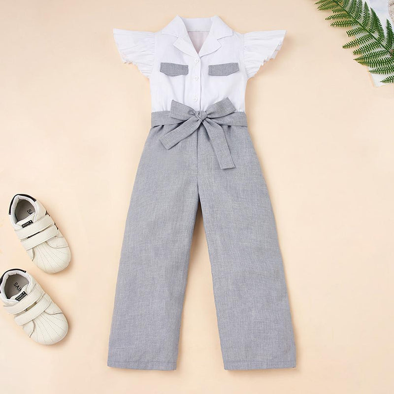Girls Short Sleeve Lapel Button Bow Decor Summer Jumpsuit Kids Wholesale Clothing - PrettyKid