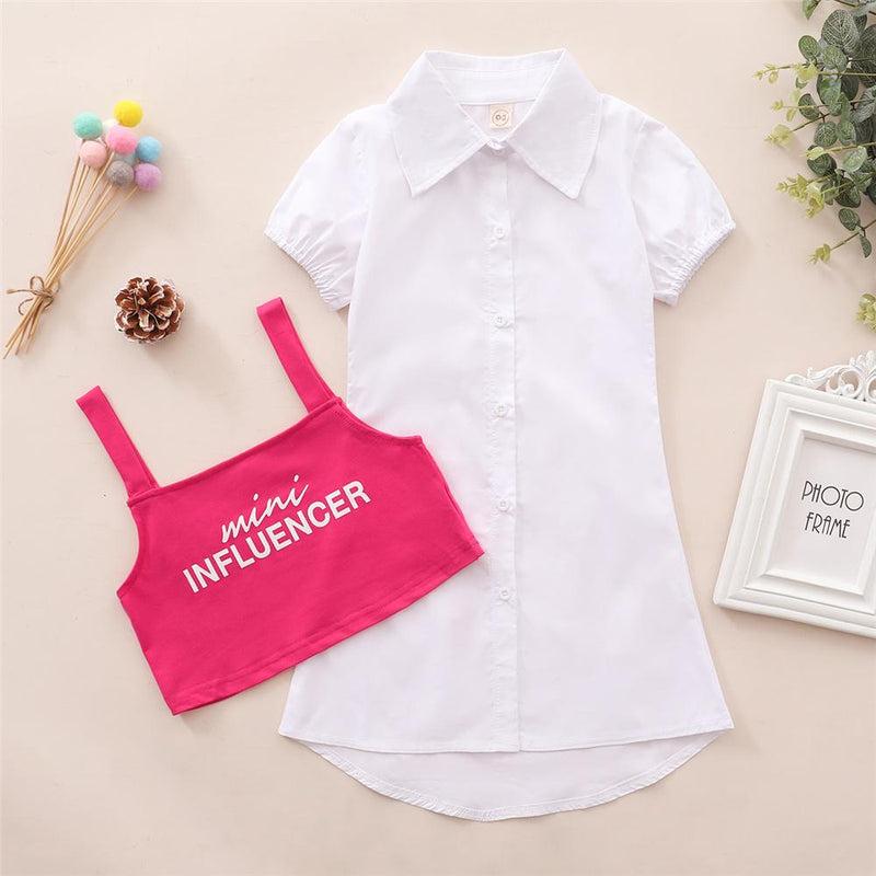 Toddler Girls Short Sleeve Lapel Button Dress & Letter Printed Sling Top wholesale baby girl boutique clothing - PrettyKid