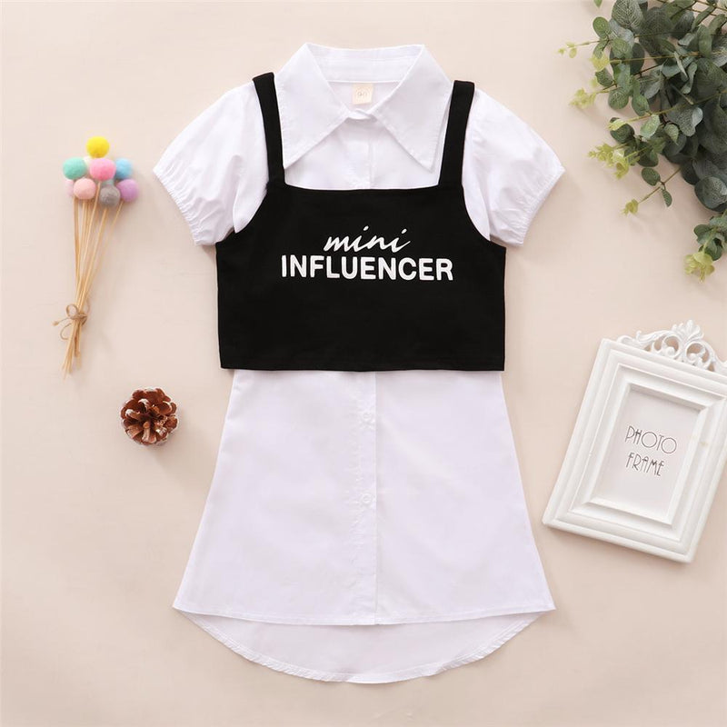 Toddler Girls Short Sleeve Lapel Button Dress & Letter Printed Sling Top wholesale baby girl boutique clothing - PrettyKid