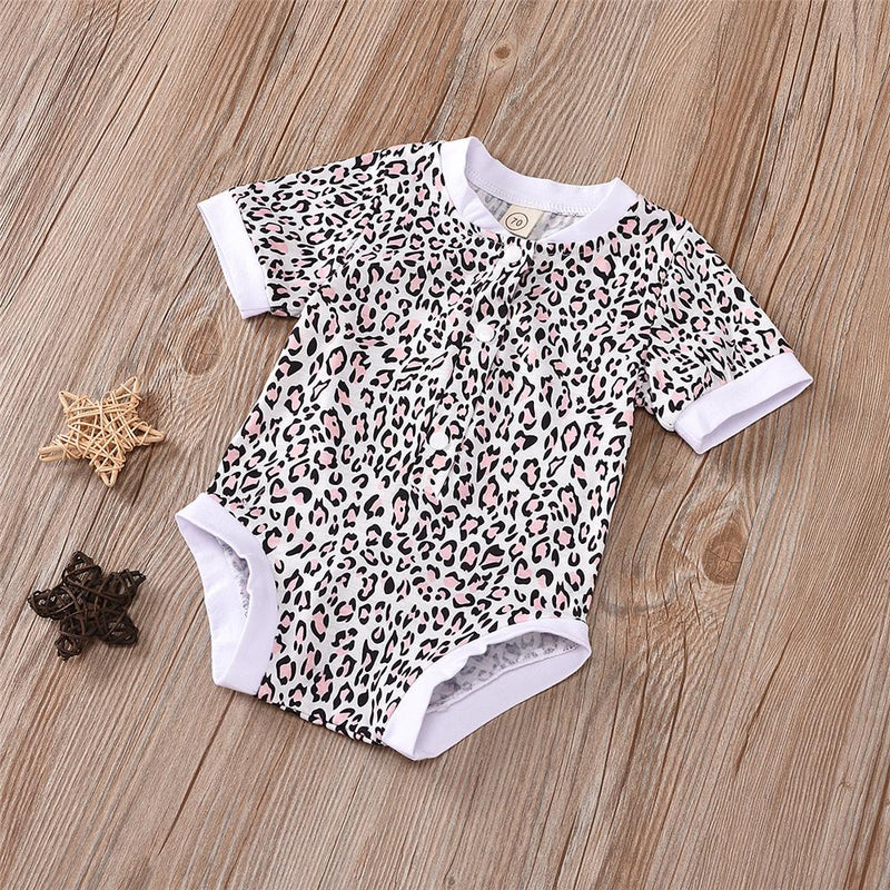 Baby Girls Short Sleeve Leopard Button Romper Bulk Baby Clothes Online - PrettyKid