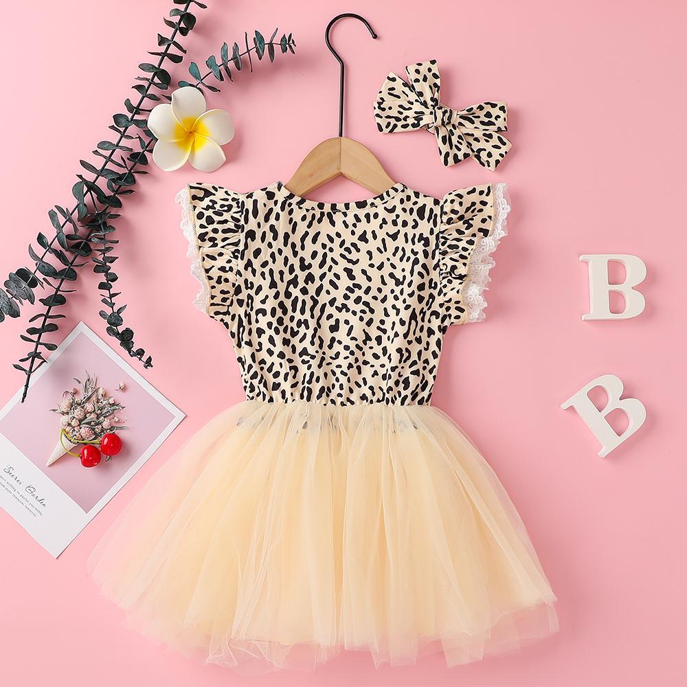Girls Short Sleeve Leopard Printed Bow Decor Tulle Dress & Headband Wholesale Girls Clothing - PrettyKid