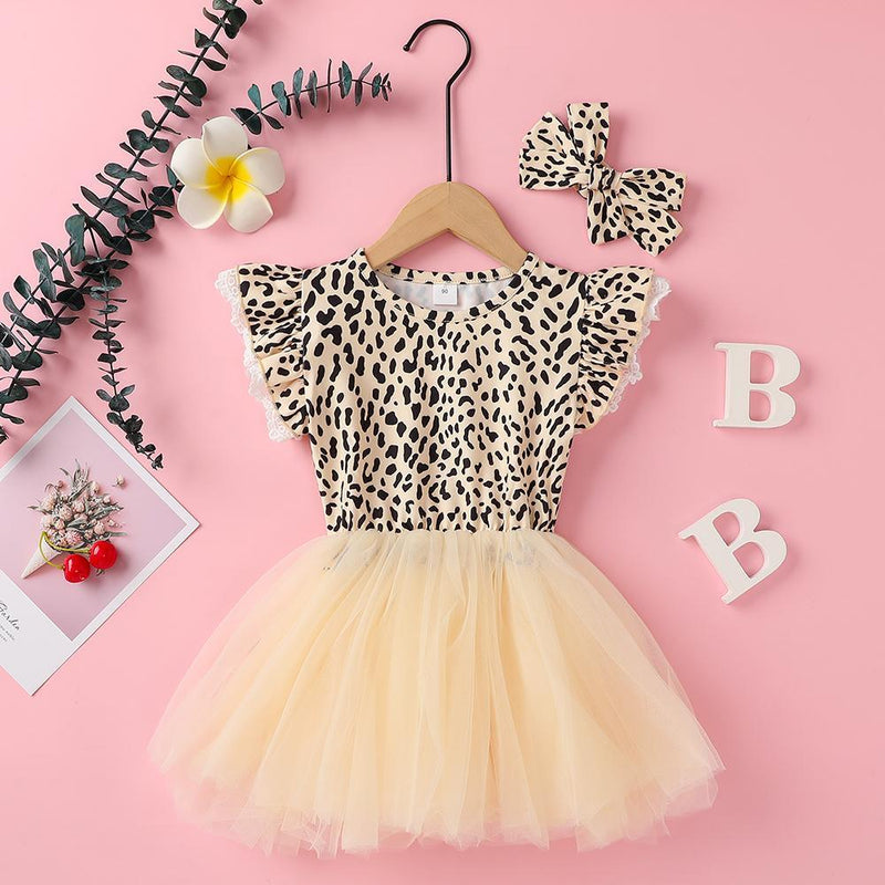 Girls Short Sleeve Leopard Printed Bow Decor Tulle Dress & Headband Wholesale Girls Clothing - PrettyKid