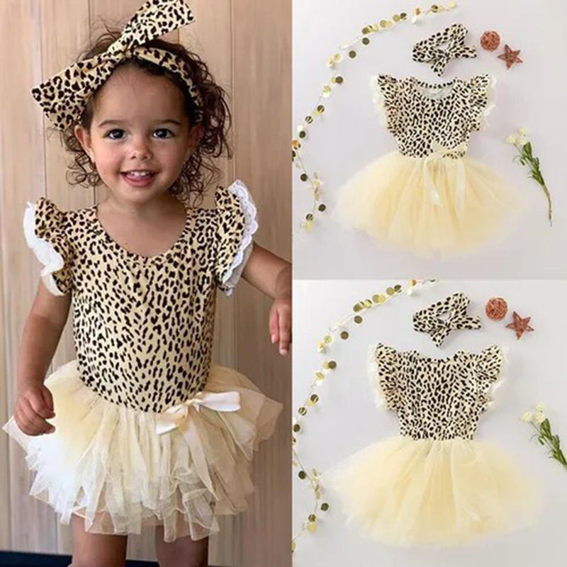 Girls Short Sleeve Leopard Printed Bow Decor Tulle Dress & Headband Wholesale Girls Clothing - PrettyKid