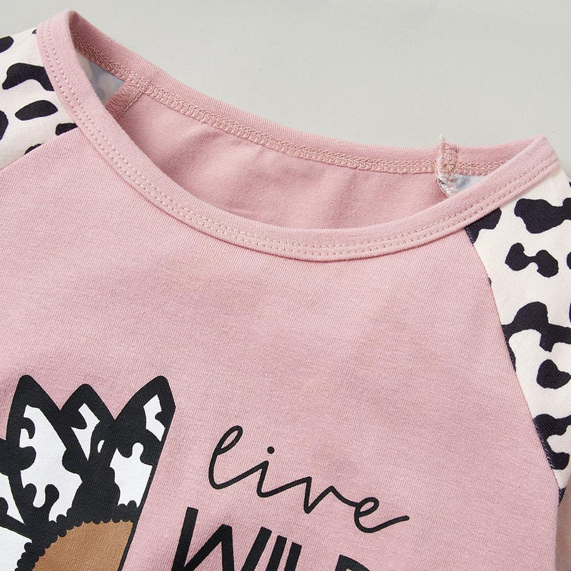 Girls Short Sleeve Leopard Splicing Wild Flower Child Printed Top & Pants Wholesale Girls - PrettyKid