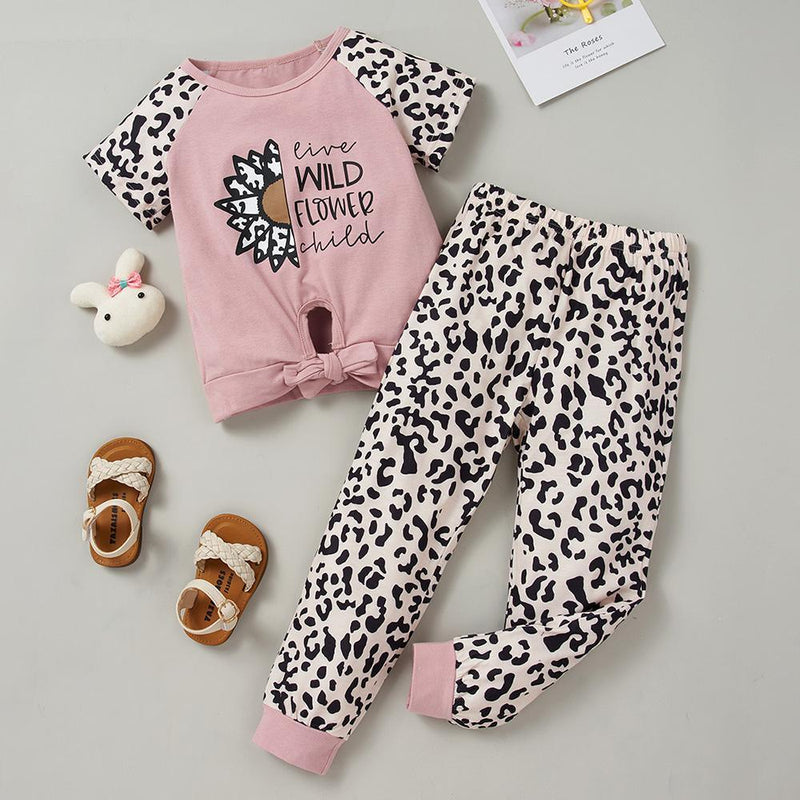 Girls Short Sleeve Leopard Splicing Wild Flower Child Printed Top & Pants Wholesale Girls - PrettyKid