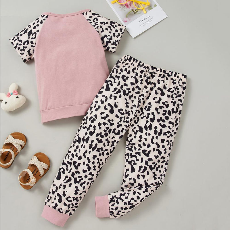 Girls Short Sleeve Leopard Splicing Wild Flower Child Printed Top & Pants Wholesale Girls - PrettyKid