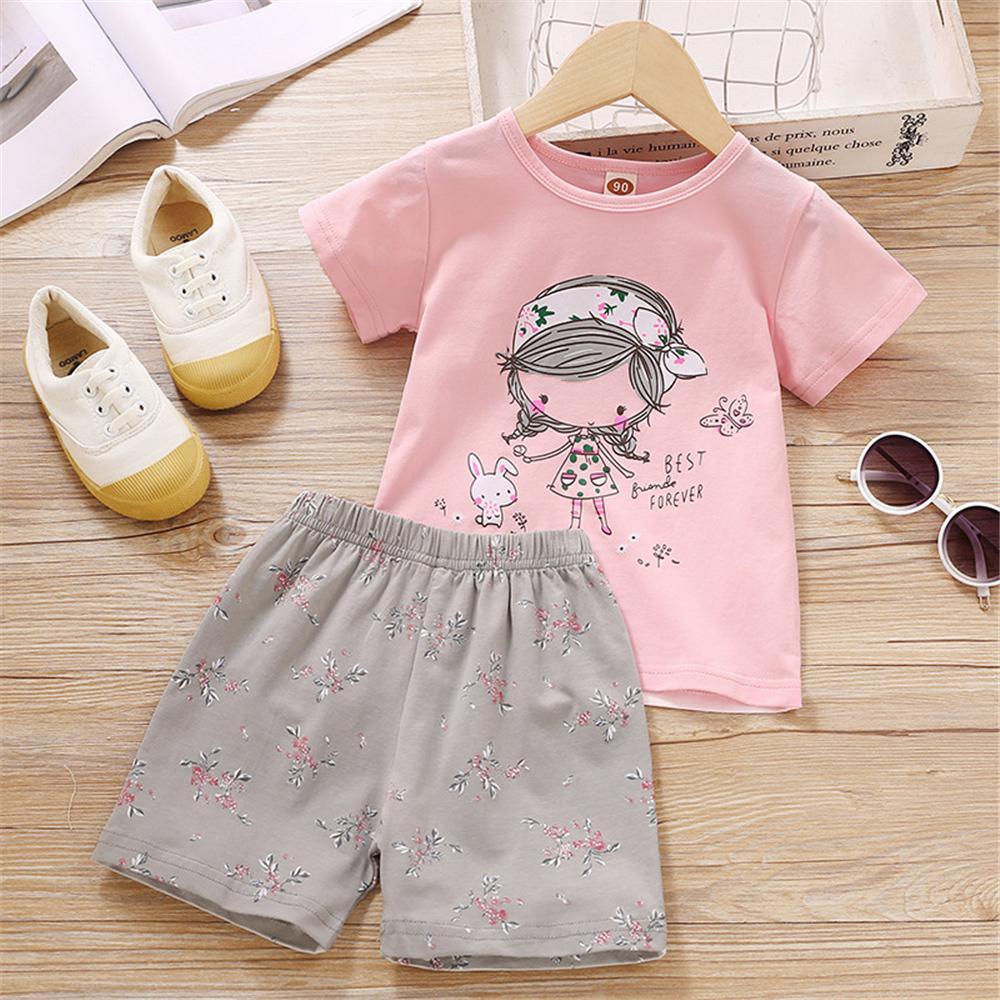 Toddler Girls Short Sleeve Letter Cartoon Animal Printed Top & Floral Shorts boy clothing vendors - PrettyKid