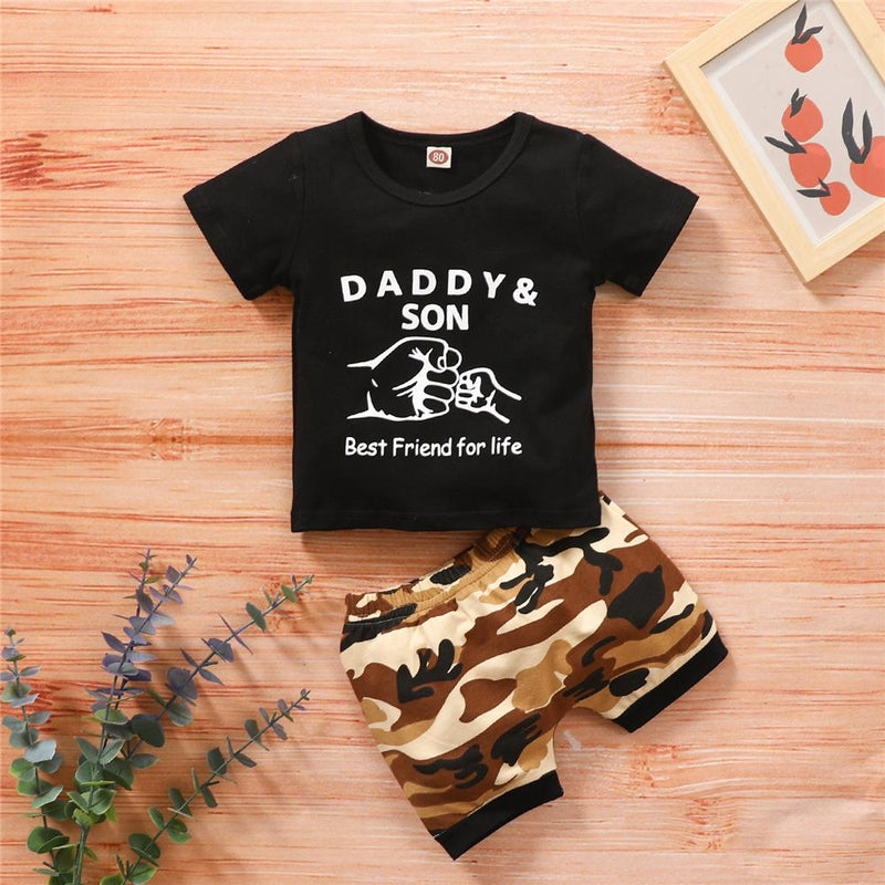 Boys Short Sleeve Letter Daddy & Son Best Friend Printed Top & Camo Shorts Boy Wholesale Clothing - PrettyKid