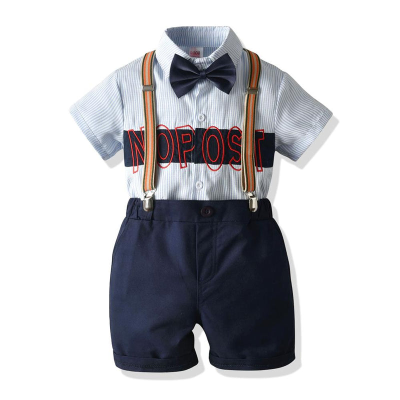 Boys Short Sleeve Letter Lapel Striped Shirt & Overalls Boys Summer Outfits - PrettyKid