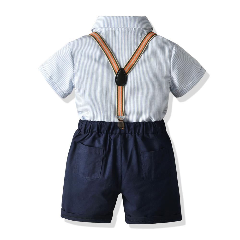Boys Short Sleeve Letter Lapel Striped Shirt & Overalls Boys Summer Outfits - PrettyKid