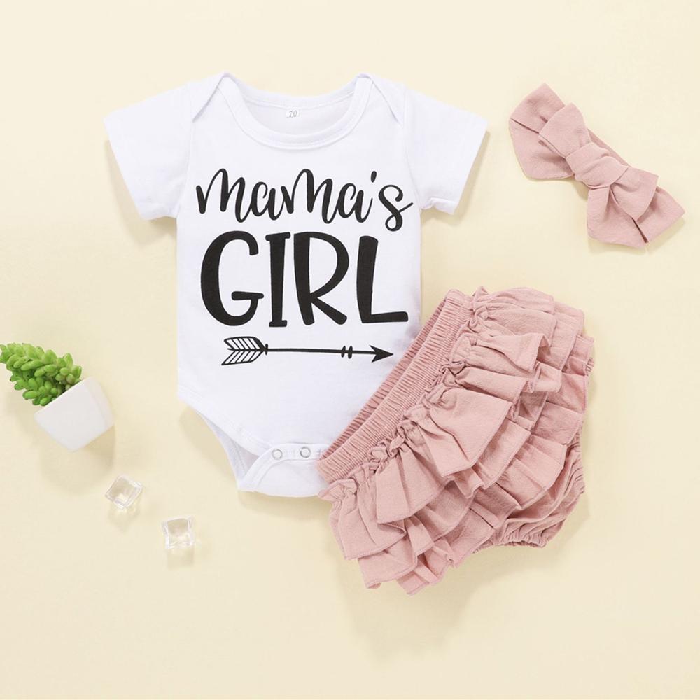 Baby Girls Short Sleeve Letter Mama's Girls Romper & Shorts & Headband Baby Wholesale Suppliers - PrettyKid