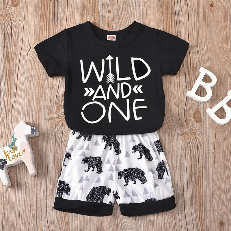 Baby Boys Short Sleeve Letter Print Top & Cartoon Shorts Baby Outfits - PrettyKid