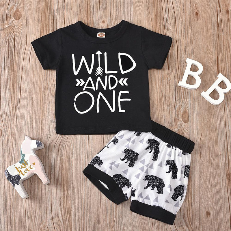 Baby Boys Short Sleeve Letter Print Top & Cartoon Shorts Baby Outfits - PrettyKid