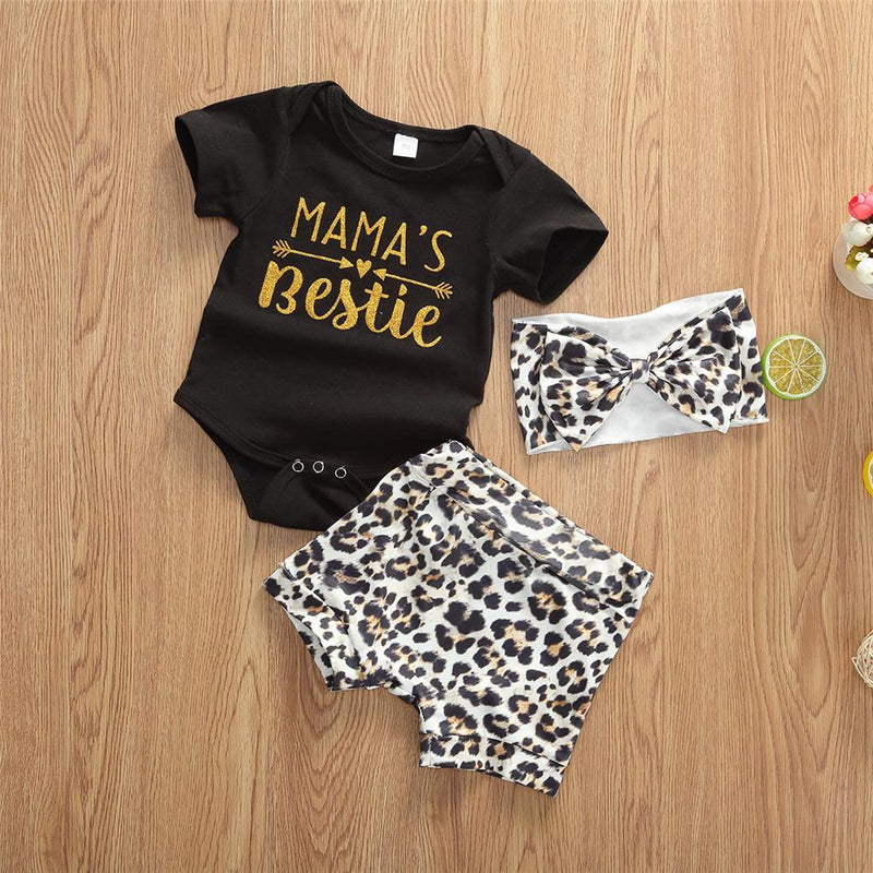 Baby Girls Short Sleeve Letter Printed Romper & Leopard Shorts & Headband Baby Wholesale clothes - PrettyKid