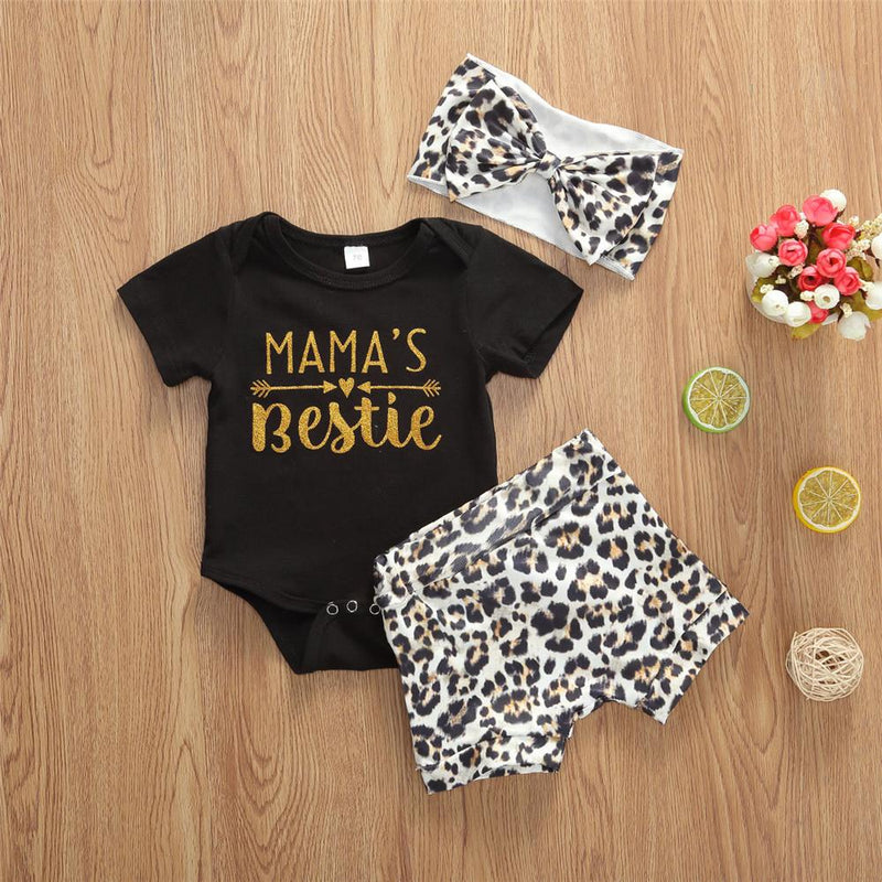 Baby Girls Short Sleeve Letter Printed Romper & Leopard Shorts & Headband Baby Wholesale clothes - PrettyKid