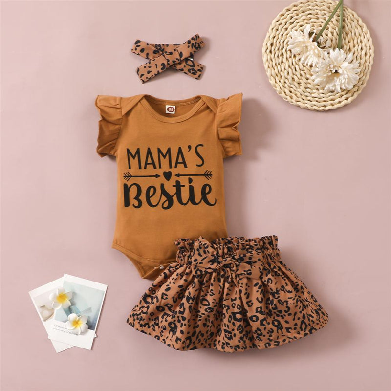 Baby Girls Short Sleeve Letter Printed Romper & Leopard Skirt & Headband plain baby grows wholesale - PrettyKid