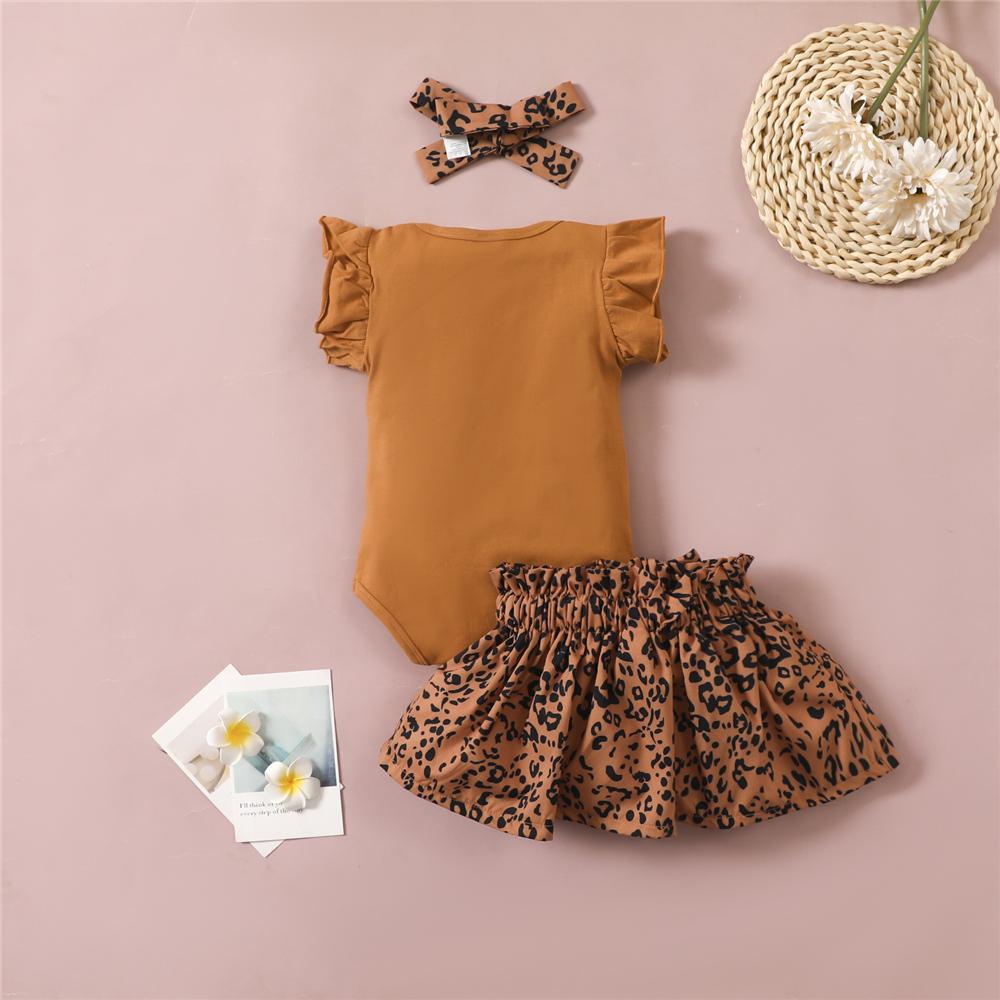 Baby Girls Short Sleeve Letter Printed Romper & Leopard Skirt & Headband plain baby grows wholesale - PrettyKid