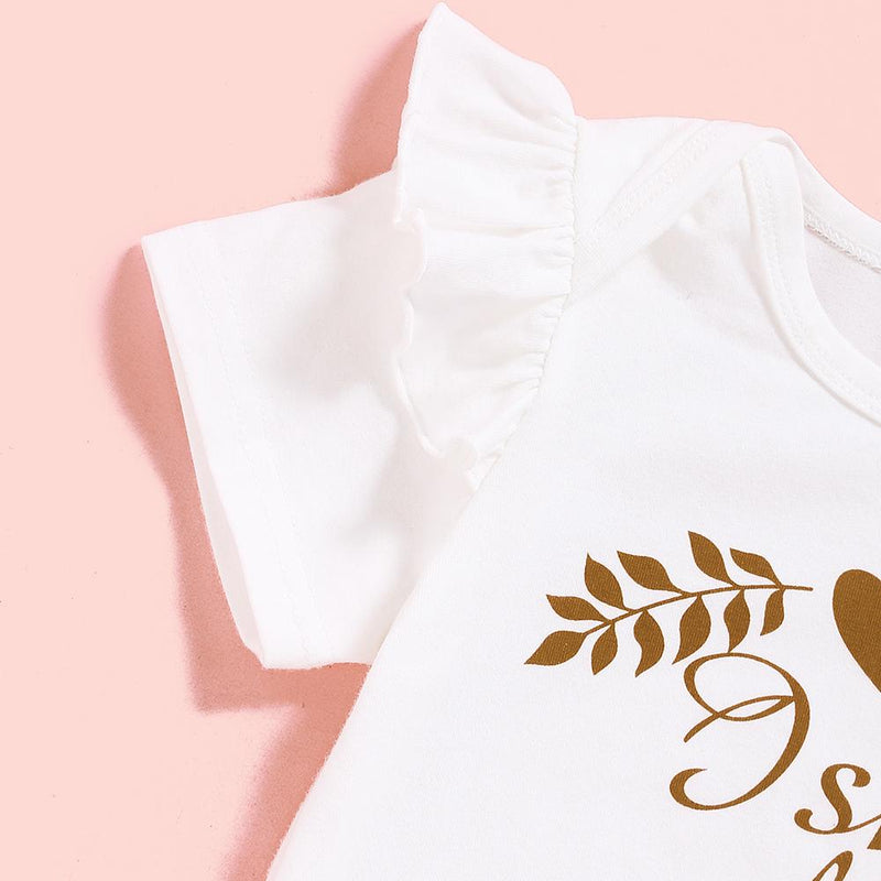 Baby Girls Short Sleeve Letter Printed Ruffled Romper & Floral Shorts & Headband Baby Wholesale in bulk - PrettyKid