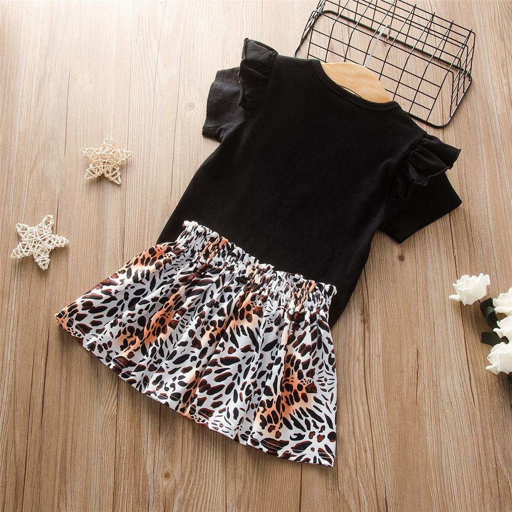 Girls Short Sleeve Letter Printed Top & Bow Leopard Skirt Kids Wholesale Clothing - PrettyKid