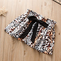 Girls Short Sleeve Letter Printed Top & Bow Leopard Skirt Kids Wholesale Clothing - PrettyKid