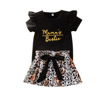 Girls Short Sleeve Letter Printed Top & Bow Leopard Skirt Kids Wholesale Clothing - PrettyKid