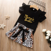 Girls Short Sleeve Letter Printed Top & Bow Leopard Skirt Kids Wholesale Clothing - PrettyKid