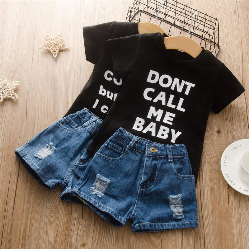 Girls Short Sleeve Letter Printed Top & Denim Shorts Wholesale Childrens Clothing - PrettyKid