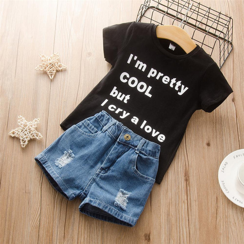Girls Short Sleeve Letter Printed Top & Denim Shorts Wholesale Childrens Clothing - PrettyKid