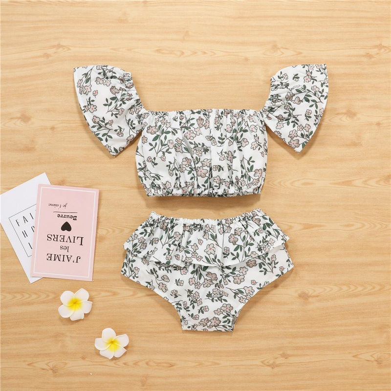Baby Girls Short Sleeve Off Shoulder Floral Printed Top & Shorts Baby clothing Wholesale Bulk - PrettyKid