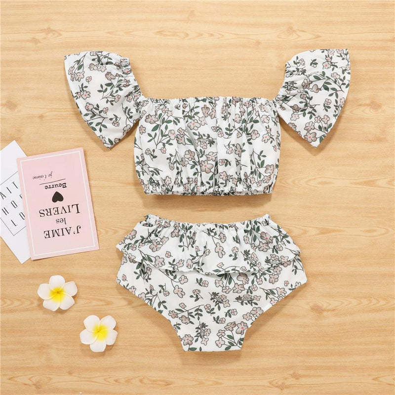 Baby Girls Short Sleeve Off Shoulder Floral Printed Top & Shorts Baby clothing Wholesale Bulk - PrettyKid