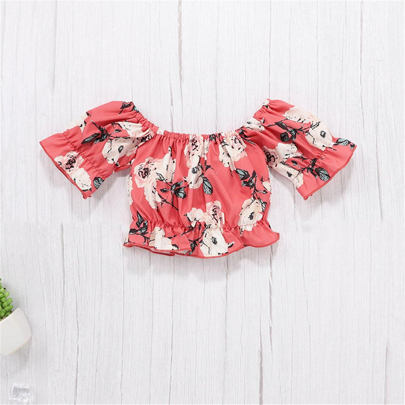 Baby Girls Short Sleeve Off Shoulder Floral Printed Top & Shorts Kids Wholesale clothes in bulk - PrettyKid