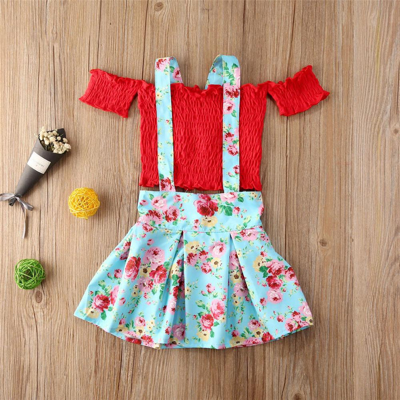 Girls Short Sleeve Off Shoulder Top & Suspender Skirt Wholesale Boutique Kid clothes - PrettyKid