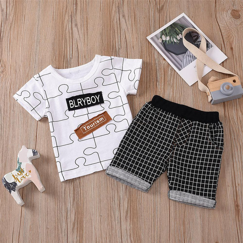 Boys Short Sleeve Pattern Puzzle Letter Printed Top & Plaid Shorts Boys Summer Outfits - PrettyKid